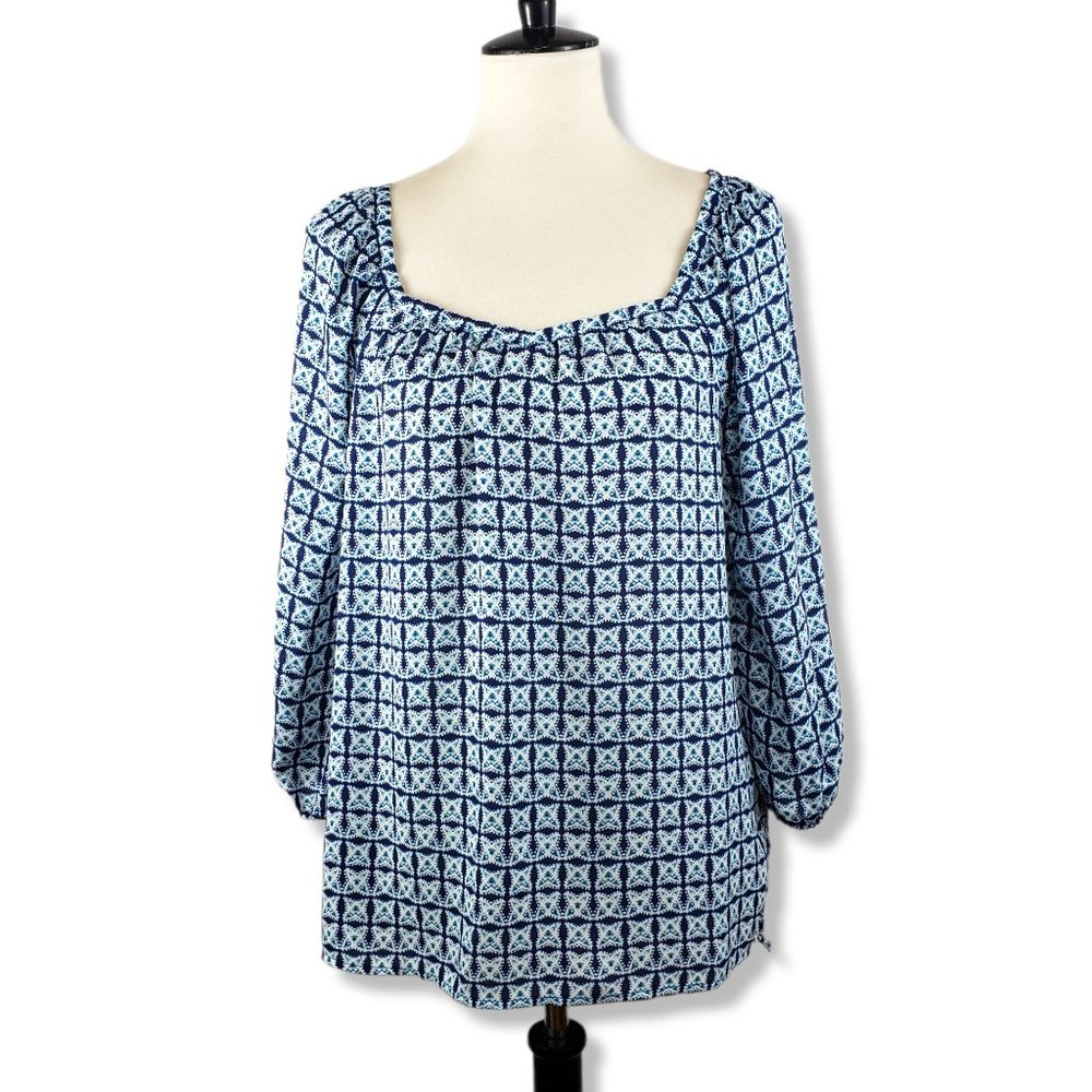 Banana Republic Blue and White 3/4 Sleeve Square Neck Blouse Small